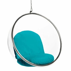 Кресло-шар подвесное Bubble Chair (Бабл) прозрачное, подушки аквамарин (морская волна)