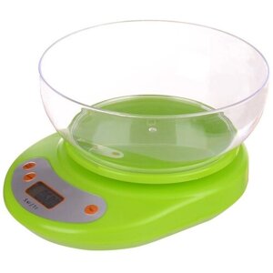 Кухонные электронные весы, цвет зеленый, с чашей, нагрузка до 5 кг, с дисплеем, прибор поможет взвесить необходимые продукты и ингредиенты с точностью до грамма.