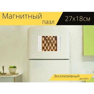 Магнитный пазл "Шахматные фигуры, деревянная шахматная доска, шахматы" на холодильник 27 x 18 см.