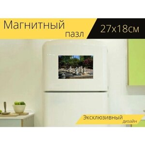 Магнитный пазл "Шахматы, шахматная доска, игра" на холодильник 27 x 18 см.