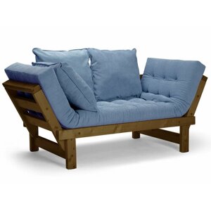 Маленький диван кушетка Свен-С, синий-орех, велюр, двухместный, массив дерева, на кухню, в салон красоты, офисный, скандинавский лофт