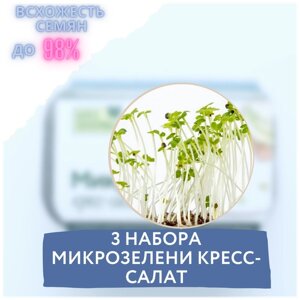 Микрозелень 3 Набора для выращивания микрозелени кресс-салат (3 контейнера с семенами микрозелени и минераловатным субстратом для проращивания)