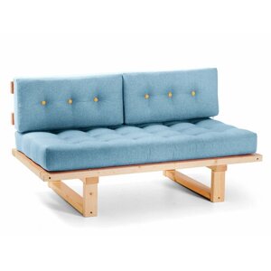 Мини диван торн-с синий-сосна, рогожка, деревянный, прямой, на кухню, в салон красоты, офисный, скандинавский лофт