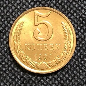 Монета СССР 5 копеек 1991 года Блеск СССР 5-3