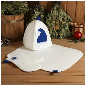 Набор банный подарочный "С Новым годом"коврик, рукавица, шапка), войлок, синий