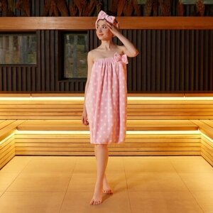 Набор для бани и ванной Этель "Горох" полотенце-парео 75*120 см+повязка, цв. розовый