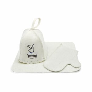 Набор для бани из 3-х предметов: шапка «колокольчик» с вышивкой «Заяц в бане», коврик, рукавица