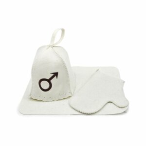 Набор для бани из 3-х предметов: шапка «колокольчик» с вышивкой «Знак пола мужской», коврик, рукавица