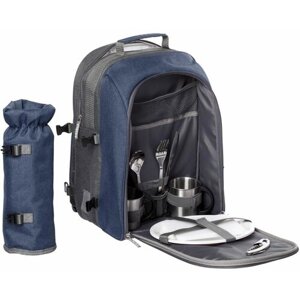 Набор для пикника Fridag на 2 персоны, темно-синий с серым, 27x40x22 см, рюкзак - полиэстер; приборы и кружки - нержавеющая сталь; разделочная доска и тарелки - пластик