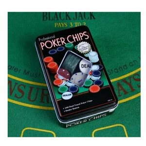 Набор для покера 100 фишек с номиналом, металлическая коробка