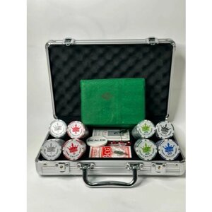 Набор для покера на 200 фишек 11,5 гр. с номиналом, в кейсе, 2 колоды карт, сукно, фишка дилера
