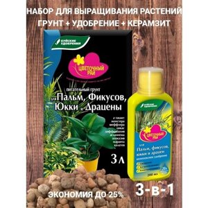 Набор для выращивания пальм, фикусов, юкки и драцен 3 в 1: грунт + удобрение + керамзит