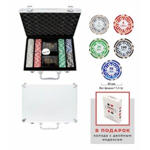 Набор Фабрика Покера: 200 фишек для покера с номиналом в серебристом кейсе + колода с двойным индексом
