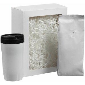 Набор Foresight, белый, стакан: 14,4x7,5x7,4 см; кофе: 8х20х7 см; упаковка: 21,3х16,5х7,8 см, термостакан - пластик; кофе - полиэтилен, алюминиевая ф