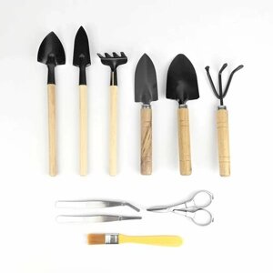 Набор инструментов для растений 10 предметов: пинцет 2 шт, ножницы, кисточка, инструменты с деревянными ручками - лопатка 2 шт, совок 2 шт, грабли, рыхлитель