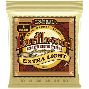 Набор из 3х комплектов струн для акустической гитары ERNIE BALL 3006 Earthwood 80/20 Bronze Extra Light 3 Pack 10-50