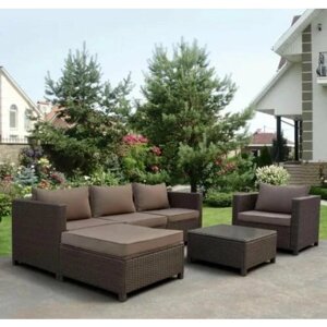 Набор мебели Ницца, искусственный ротанг, коричневый, серый/ Комплект мебели для сада: 3-х местный диван, кресло, пуф, стол