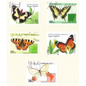Набор почтовых марок Сахарской республики, серия бабочки, 5 шт, гашёные, 1994-99 г. в.