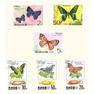 Набор почтовых марок Северной Кореи, серия бабочки, 6 шт, гашёные, 1977-1991 г. в.