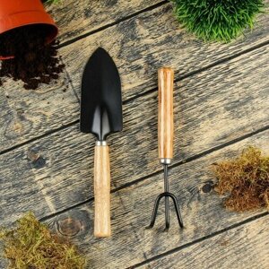 Набор садового инструмента, 2 предмета рыхлитель, совок, длина 20 см, деревянные ручки