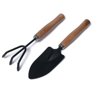 Набор садового инструмента, 2 предмета: рыxлитель, совок, длина 26 см, деревянные ручки