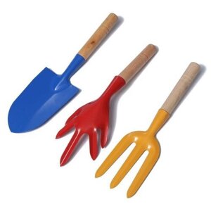 Набор садового инструмента, 3 предмета: совок, рыxлитель, вилка, длина 28 см, деревянные ручки