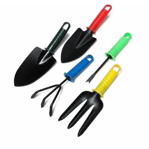Набор садового инструмента, 5 предметов: 2 совка, рыхлитель, вилка, корнеудалитель, длина 27 см, пластиковые ручки, цвет микс