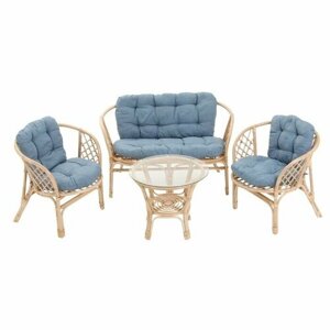 Набор садовой мебели "Bagama"2 кресла, диван, стол, ротанг светлый, подушки серо-голубые