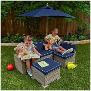 Набор садовой мебели для детей (секционный диван, пуф-стол, зонт), серо-синий 20177_KE