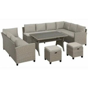 Набор садовой мебели Катар Premium искусственный ротанг, бежевый / Комплект мебели для сада: угловой диван, диван, два пуфа и стол обеденный