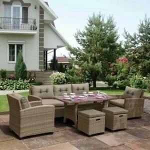 Набор садовой мебели Тунис Premium Beige/Grey, искусственный ротанг, бежевый / Комплект мебели для сада: 3-х местный диван, 2 кресла, 2 пуфа, стол