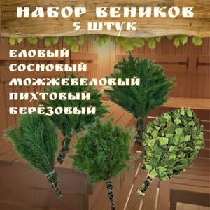 Набор веников для бани Пихтовый, Берёзовый, Еловый, Можжевеловый и Сосновый