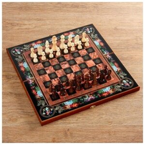 Настольная игра 3 в 1 'Цветы'шахматы, шашки, нарды (доска дерево 50х50 см)