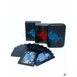 Неоновые игральные карты 54 шт, синяя рубашка, 100% пластиковые в металлическом футляре