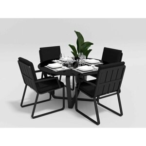Обеденная группа Gardenini PRIMAVERA стулья с подлокотниками каркас темно-серый карбон/подушки черные/столешница черная глянцевая