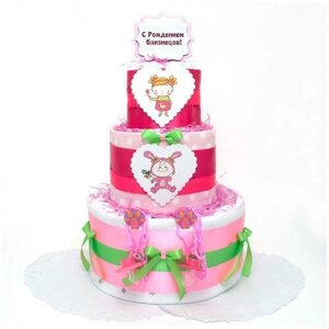 Оригинальный торт из японских подгузников и пеленок "У нас близнецы! для новорожденных девочек, трехъярусный