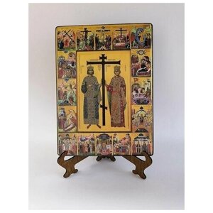 Освященная икона на дереве ручной работы - Cвятые Константин и Елена с житием, 15х20х3,0 см, арт А1634