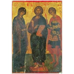 Освященная икона на дереве ручной работы - Деисус с мучеником Фанурием, 15x20х1,8 см, арт А7055