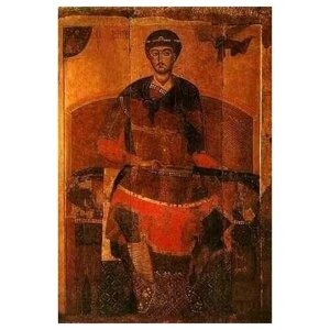 Освященная икона на дереве ручной работы - Дмитрий Солунский на троне. Вторая половина XII века, 15х20х1,8 см, арт А5953