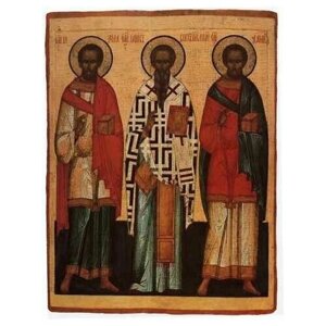 Освященная икона на дереве ручной работы - Косьма, Дамиан и Иаков, 15х20х1,8 см, арт А5312