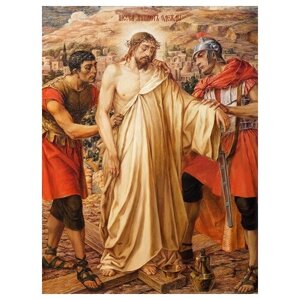 Освященная икона на дереве ручной работы - Крестный путь – Иисуса Христа обнажают, 15x20x3,0 см, арт Ид4790