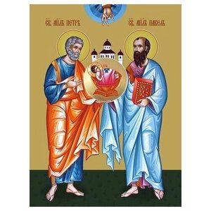 Освященная икона на дереве ручной работы - Павел и Петр, святой апостол, 18x24x3 см, арт Ид3083