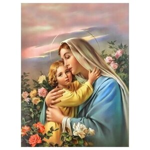 Освященная икона на дереве ручной работы - Пресвятая Дева Мария с младенцем, 12х16х1,8 см, арт Ид3623