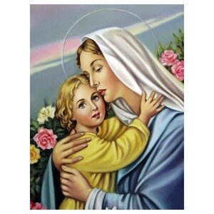 Освященная икона на дереве ручной работы - Пресвятая Дева Мария с младенцем, 15x20x3,0 см, арт Ид3625