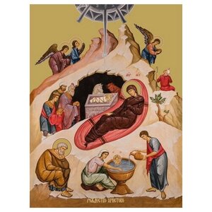 Освященная икона на дереве ручной работы - Рождество Христово, 15х20х1,8 см, арт Ид4675