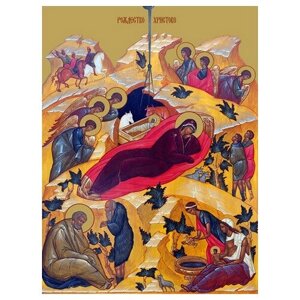 Освященная икона на дереве ручной работы - Рождество Христово, 15х20х1,8 см, арт Ид4696