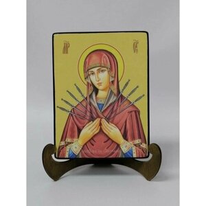 Освященная икона на дереве ручной работы - Семистрельная икона божьей матери, 18x24x3 см, арт Ид3645