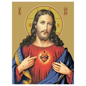 Освященная икона на дереве ручной работы - Святое Сердце Иисуса, 15х20х1,8 см, арт Ид3242