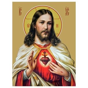 Освященная икона на дереве ручной работы - Святое Сердце Иисуса, 15х20х1,8 см, арт Ид3254