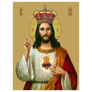 Освященная икона на дереве ручной работы - Святое Сердце Иисуса, 9х12х1,8 см, арт Ид3289